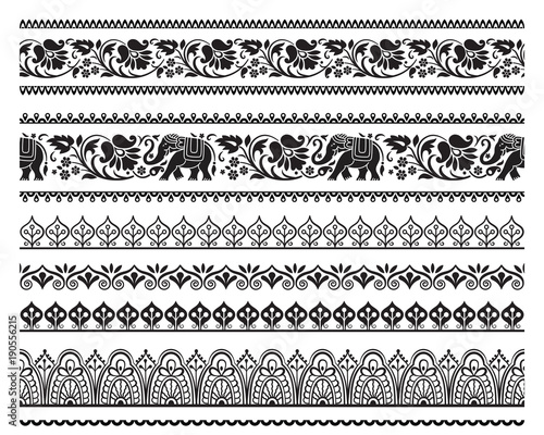 Set of seamless black ornate borders with pattern brushes. Ethic Southeast Asia style. 