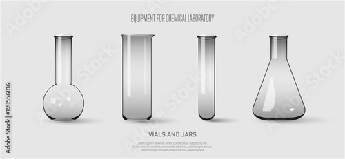 A set of flasks and test tubes. Equipment for chemical laboratory. Transparent glass test tubes Vector illustration