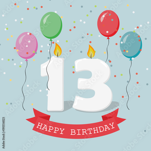 Thirteen years anniversary greeting card with candles, confetti and balloons.