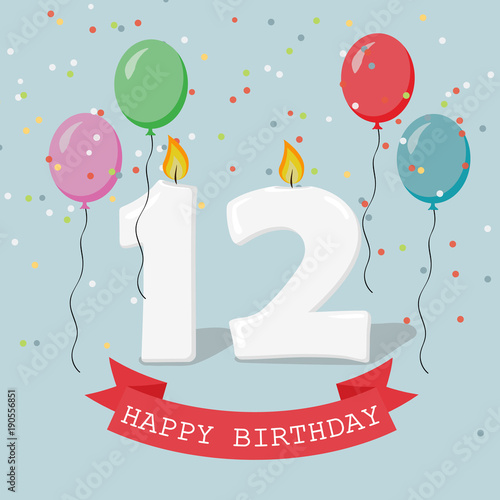 Принти на полотні Twelve years anniversary greeting card with candles, confetti and balloons