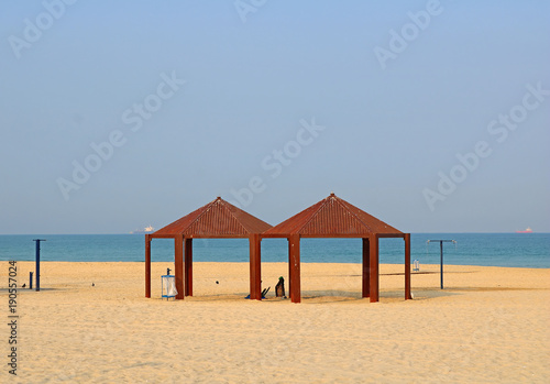 View on public beach on Mediterranean Sea in the morning in Ashkelon, Israel