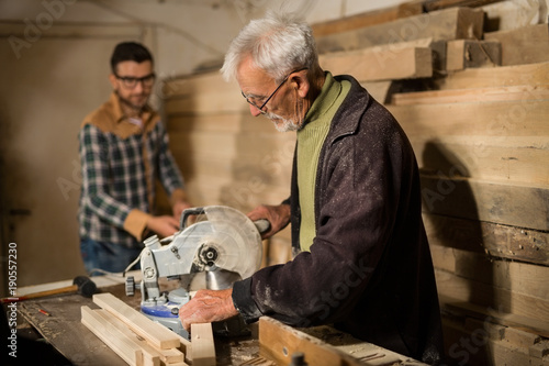 Father and son working in carpenter shop