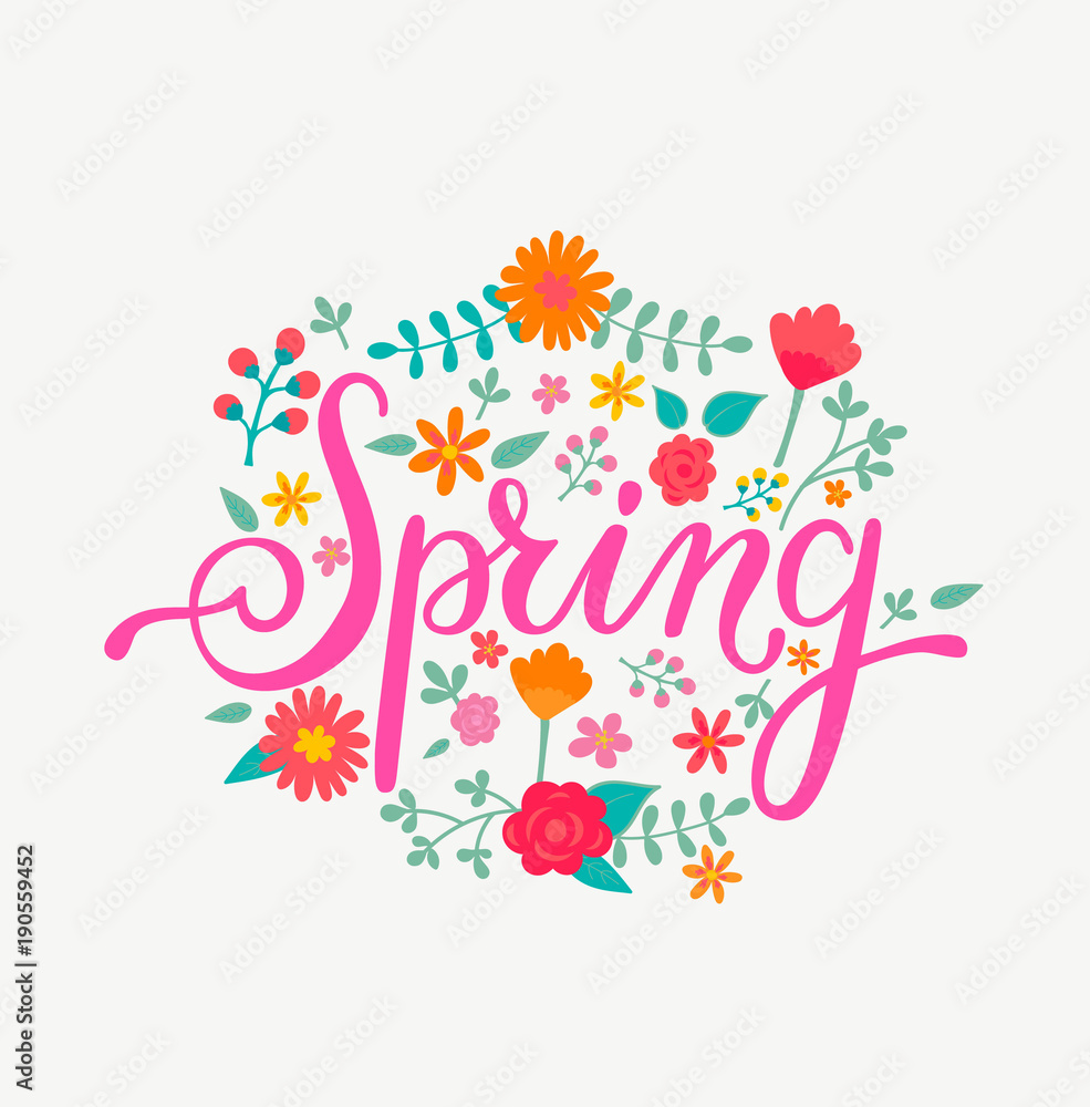 Spring card with handdrawn lettering in floral decorative frame. Vector Illustration for your design.