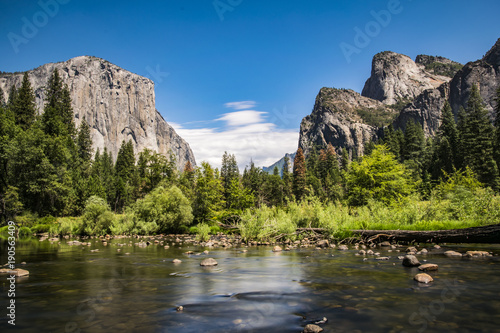 Long Exposure of the Merced River in Yosemite Looking at the Three Sisters and El Capitan view from Yosemite Valley