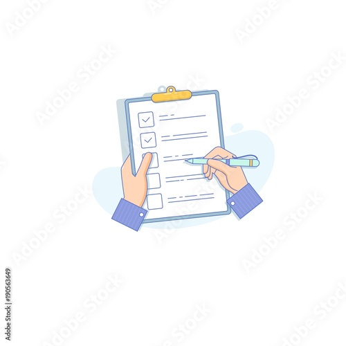 Businessman holding checklist and pencil. Flat vector illustration