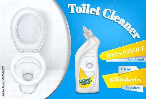 Toilet cleaner vector advertising poster template illustration of white plastic detergent bottle and toilet on white and blue background. 100 percent super clean result for bathroom cleaner product