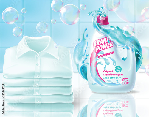 Vector realistic promo banner of washing powder, poster for advertising liquid detergent in bottle, jar. 3d template for product, concept with soap bubbles, foam. Bathroom background for internet, web
