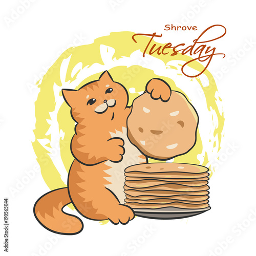 Wide Maslenitsa card with cat and pancakes