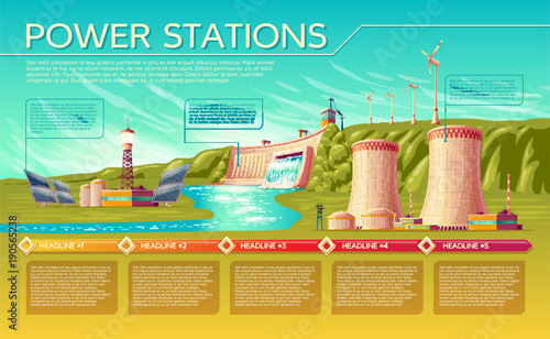 Vector cartoon energy stations alternative, renewable traditional infographics template. Illustration solar panel plant hydroelectric power dam windmill turbines, nuclear power reactors, cooling tower