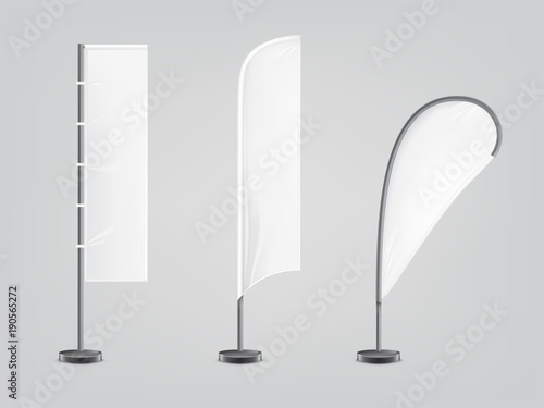 Vector set of three blank, textile banners or flags in various shapes, for brand promotion, marketing, advertisement isolated on background. Outdoor, portable pole with cloth, mockup for your design