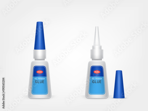 Vector realistic blue plastic tube of glue, with open lid and closed, with label and brand information isolated on background. Container with adhesive for any purpose. Mockup for package design