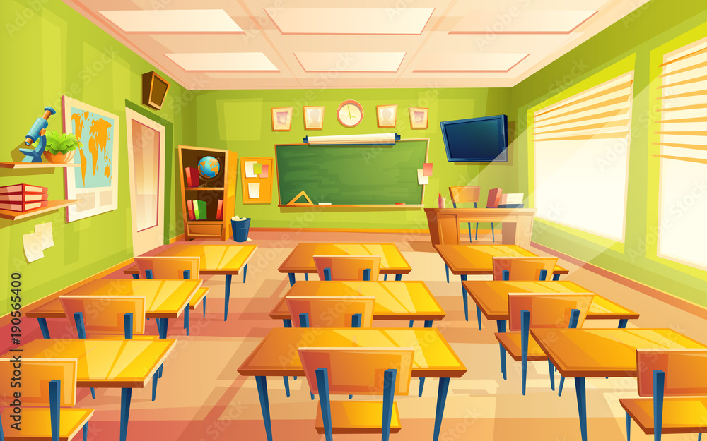 Vector cartoon empty elementary or high school, college, university classroom  background. Illustration with room interior indoor objects - desk table  board chair tv set. Learning, education backdrop Stock Vector | Adobe Stock