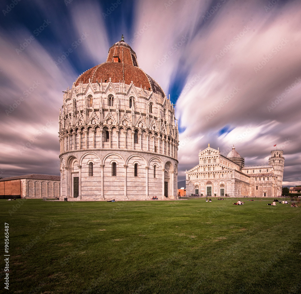 Pisa Cathedral with the Leaning Tower of Pisa on Piazza dei Miracoli in Pisa, Tuscany, Italy 