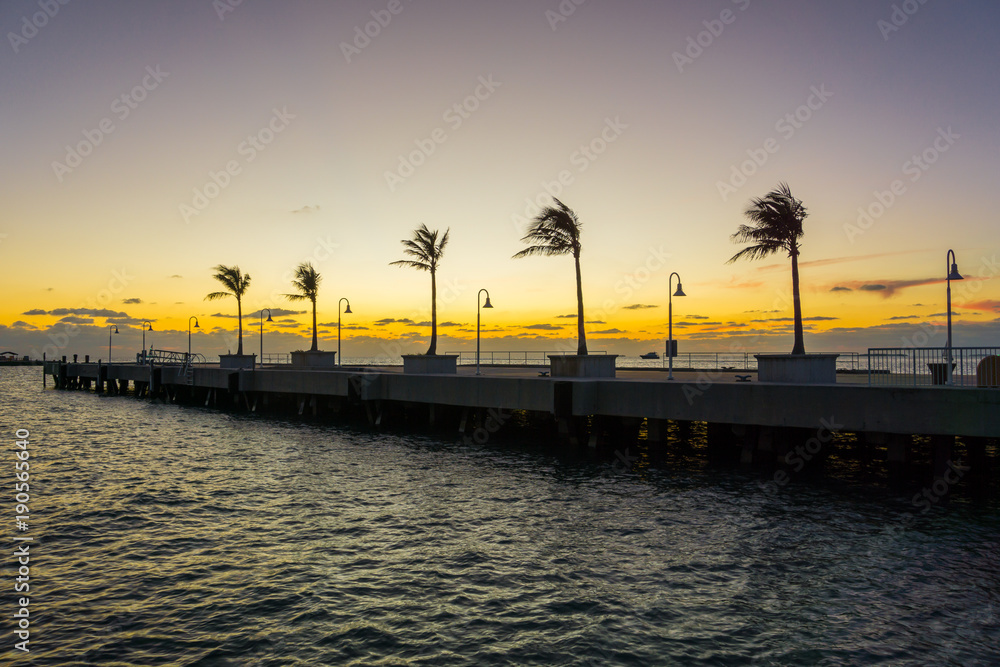 USA, Florida, Palm trees and street lights at key west harbor after sunset with orange sky