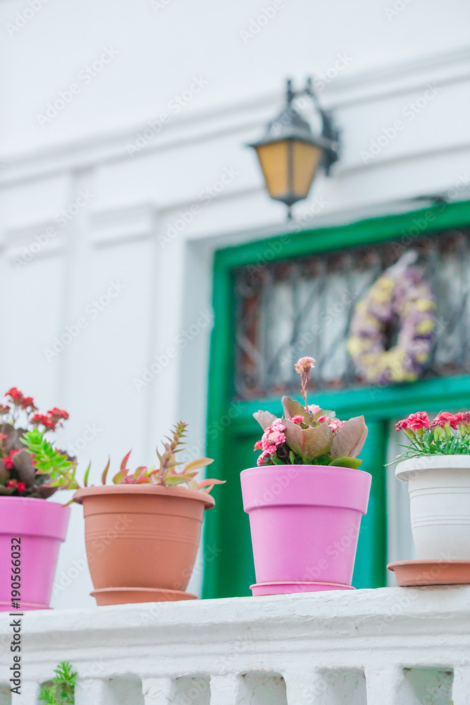 Fototapeta premium Traditional greek colorful flowerpots with flowers on steps on streets of old village in Greece