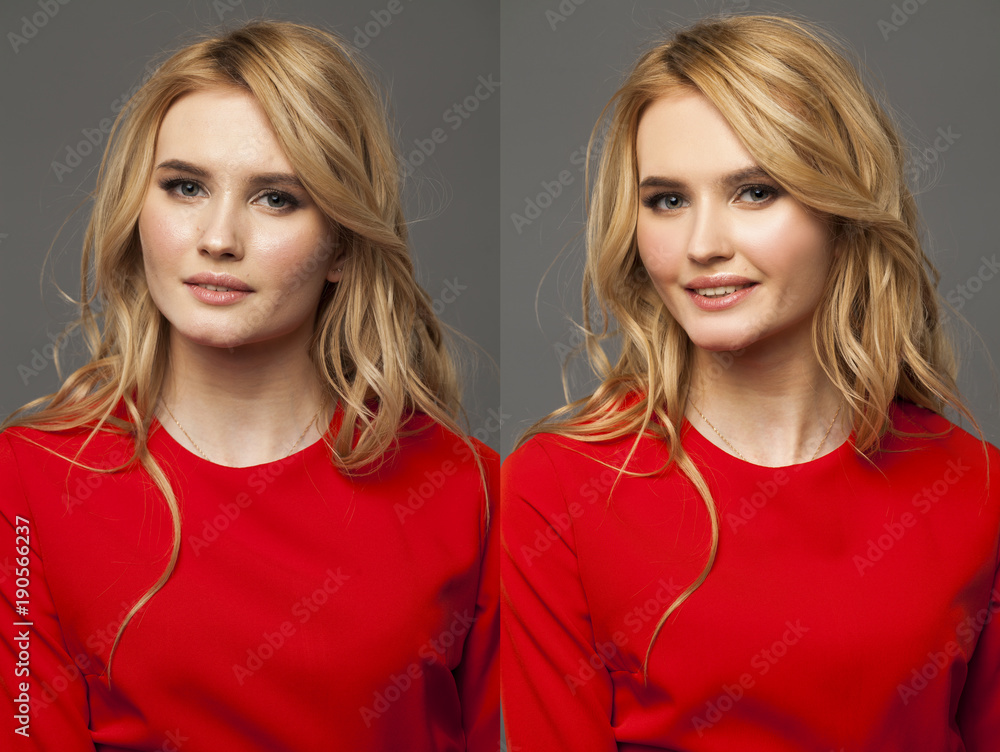 Female face before and after retouch Female face before and after retouch
