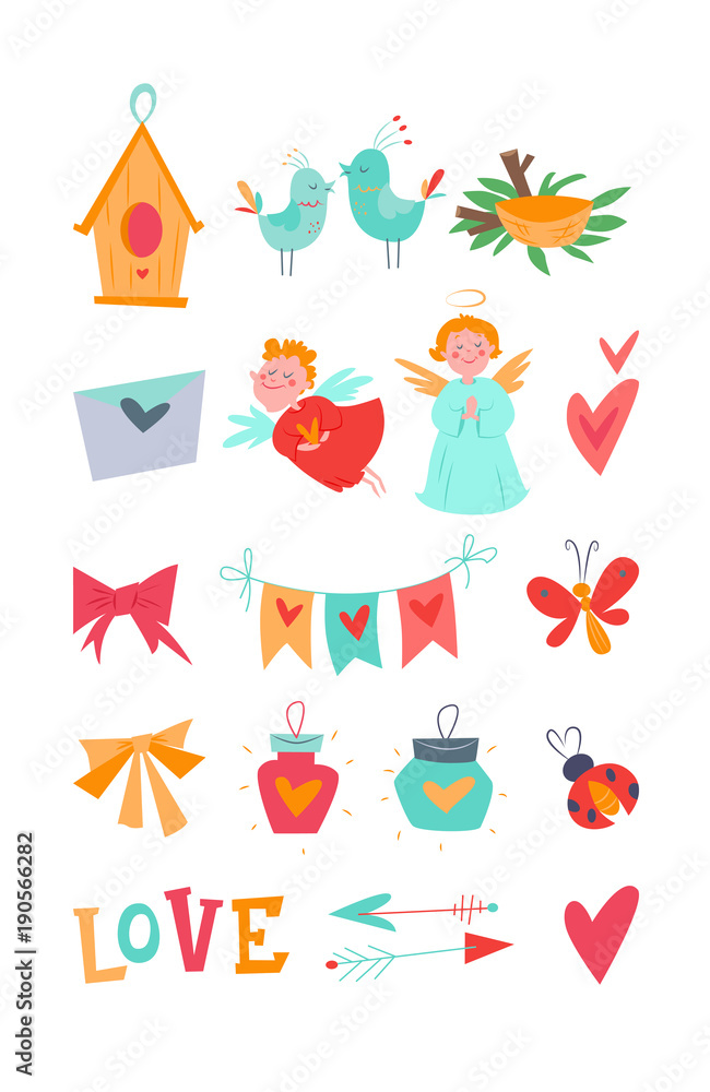 Bright vector kit with decorative love objects: angel, birdhouse, birds, ladybug, heart, branches, cupid, nest, flashlight, garland, love, ribbon, envelope. Isolated elements in style of the 1950s.