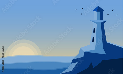 Flat vector illustration lighthouse in the light of the sunset with seagulls