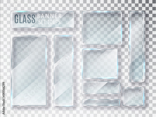 Glass transparent plates set. Vector glass modern banners isolated on transparent background. Flat glass. Realistic 3D design. Vector transparent object 10 eps.