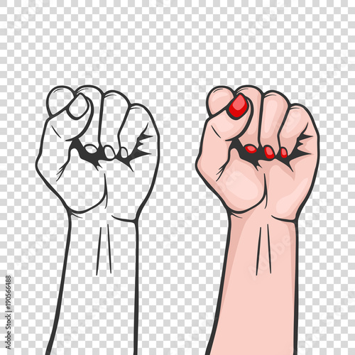 Raised women s fist isolated - symbol unity or solidarity, with oppressed people and women s rights. Feminism, protest, rebel, revolution or strike sign. Template for art posters, backgrounds etc