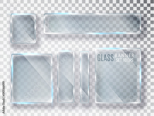 Glass transparent plates set. Vector glass modern banners isolated on transparent background. Flat glass. Realistic 3D design. Vector transparent object 10 eps.