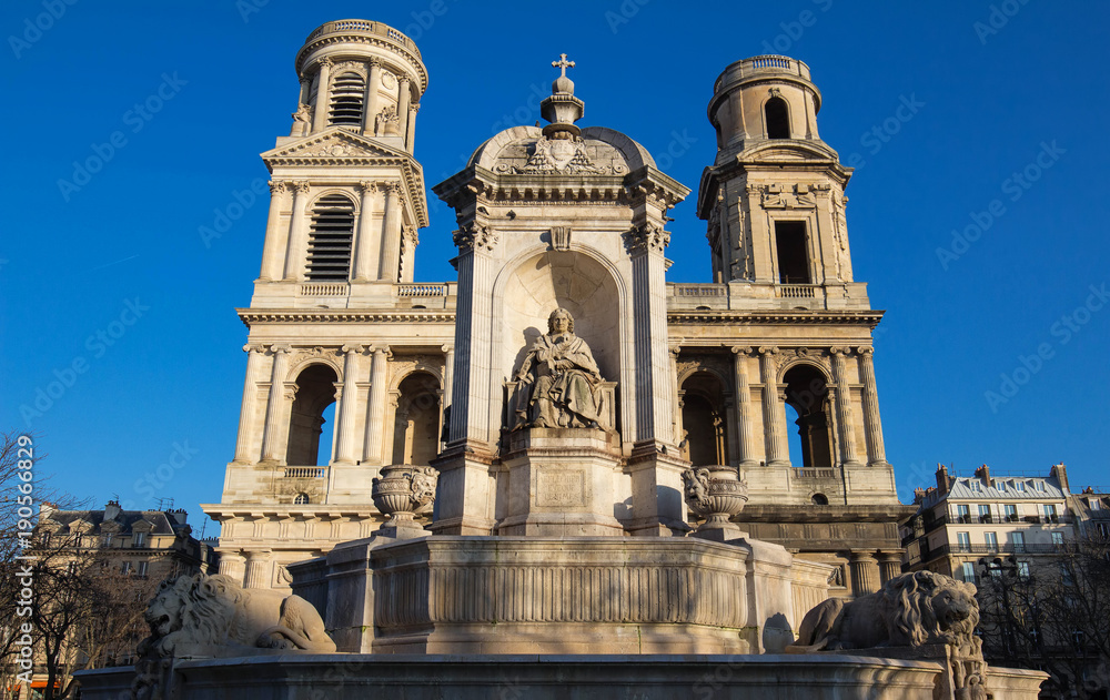 The view of of Saint-Sulpice fontain and church in Paris, France