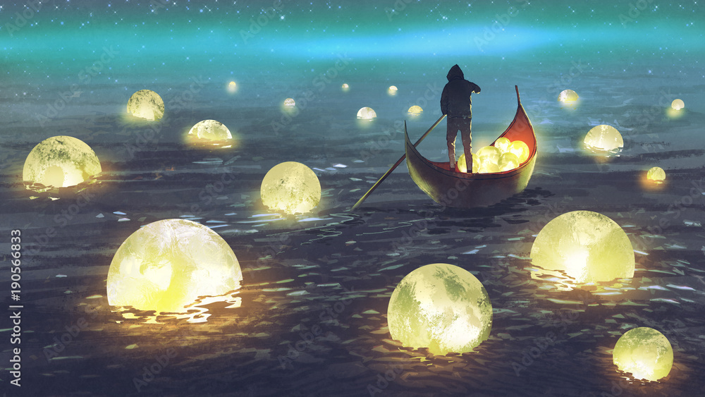Naklejka premium nocna sceneria mężczyzny wiosłującego łodzią wśród wielu świecących księżyców unoszących się nad morzem, w cyfrowym stylu sztuki, malarstwa ilustracyjnego