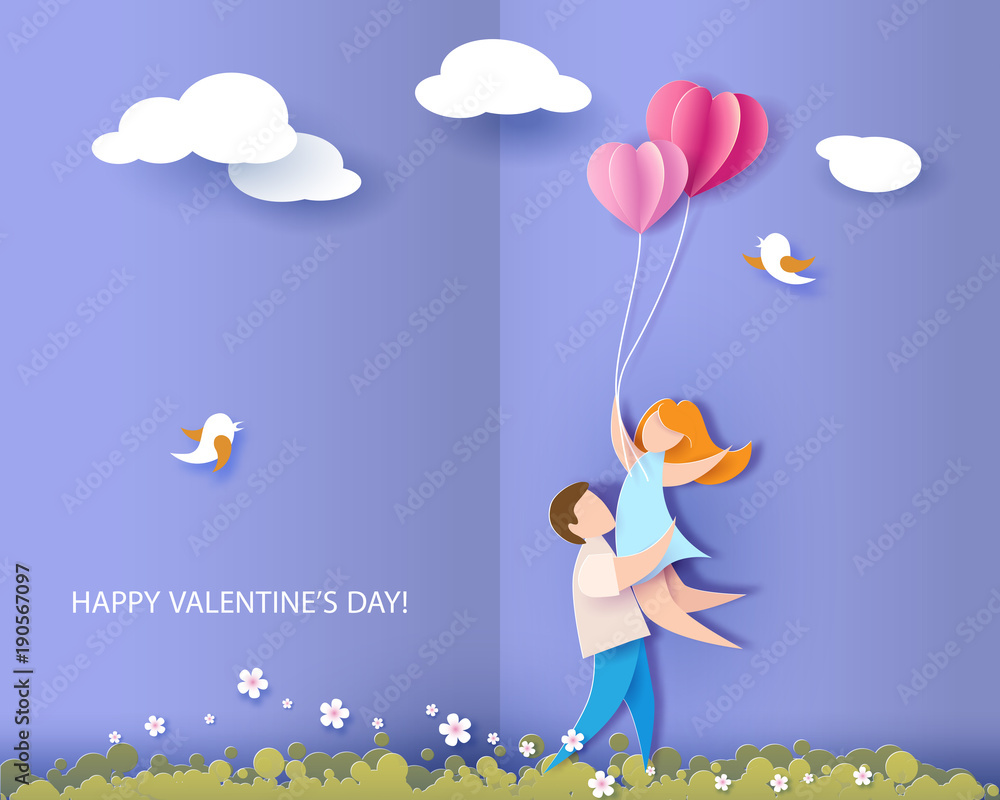 Valentines day card. Abstract background with couple in love, hearts balloons and blue sky. Vector illustration. Paper cut and craft style.