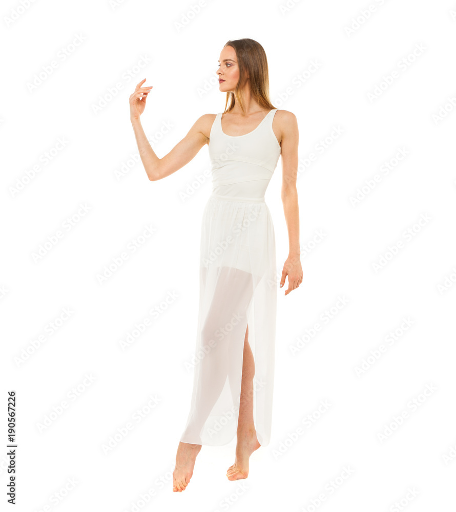 Portrait in full length, young slender woman in white dress Portrait in full length, young slender woman in white dress