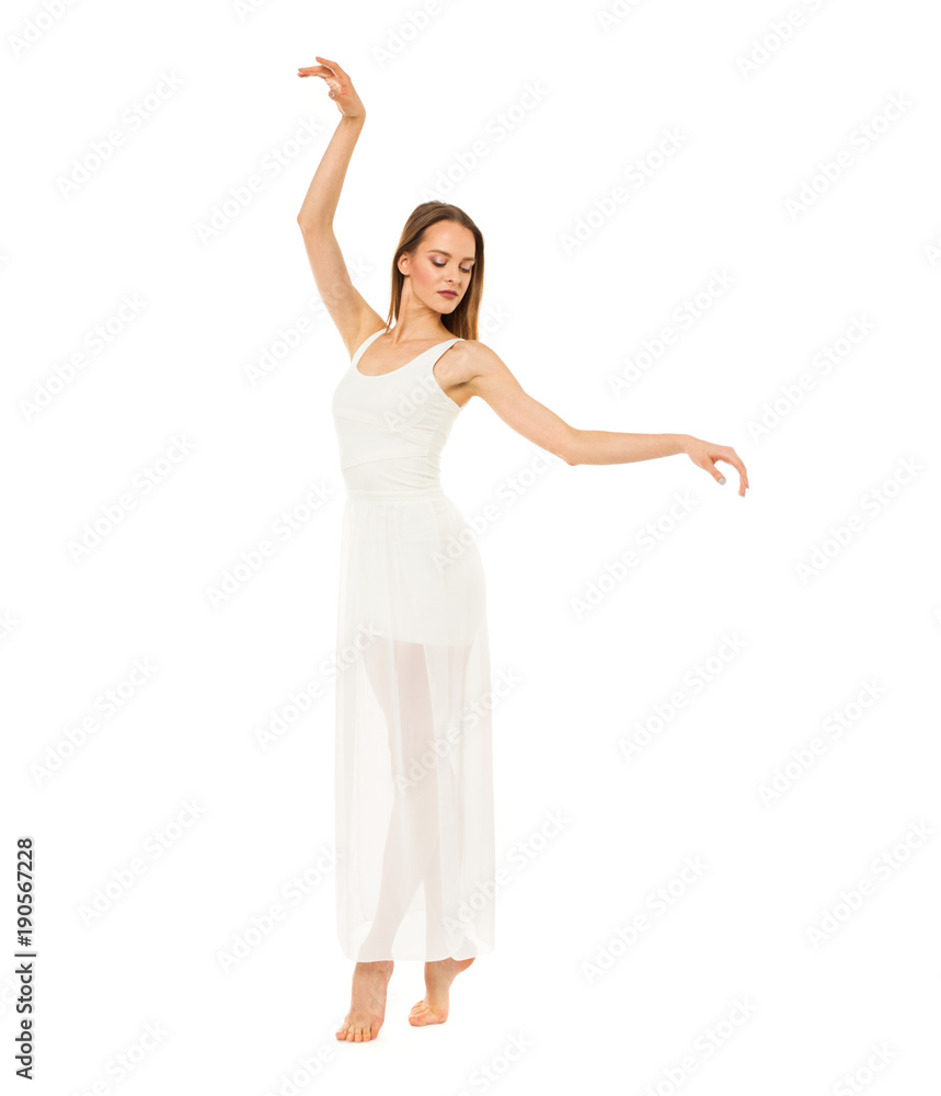 Portrait in full length, young slender woman in white dress Portrait in full length, young slender woman in white dress