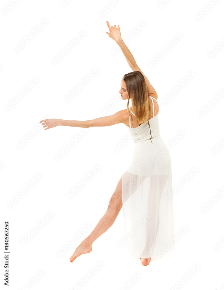 Portrait in full length, young slender woman in white dress