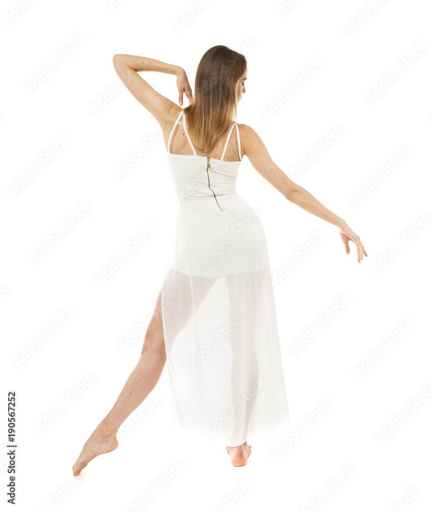 Portrait in full length, young slender woman in white dress Portrait in full length, young slender woman in white dress