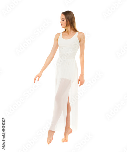 Portrait in full length, young slender woman in white dress