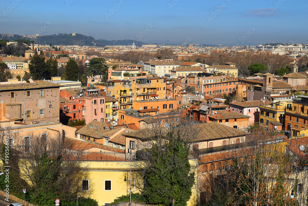 view of the historical center of Rome from the height of the Janiculum Hill