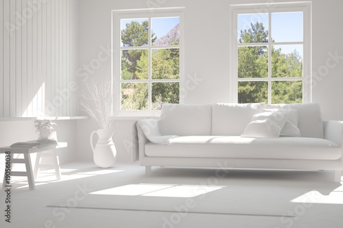 Idea of white room with sofa and summer landscape in window. Scandinavian interior design. 3D illustration © AntonSh