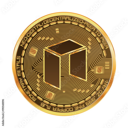 Crypto currency golden coin with neo symbol on obverse isolated on black background. Vector illustration. Use for logos, print products, page and web decor or other design.