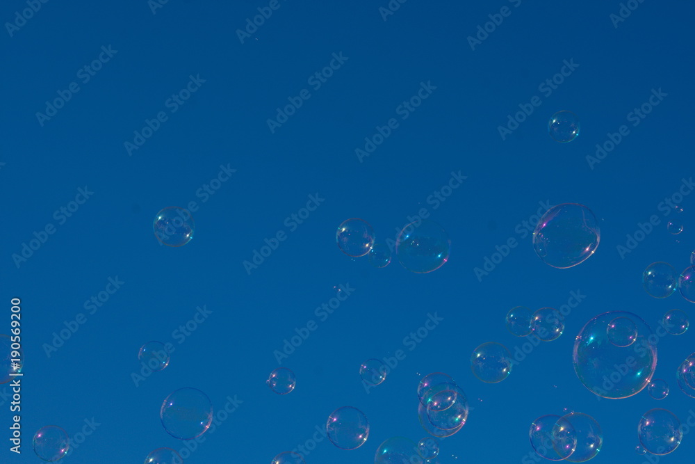 floating soap bubbles on blue background with copy space 