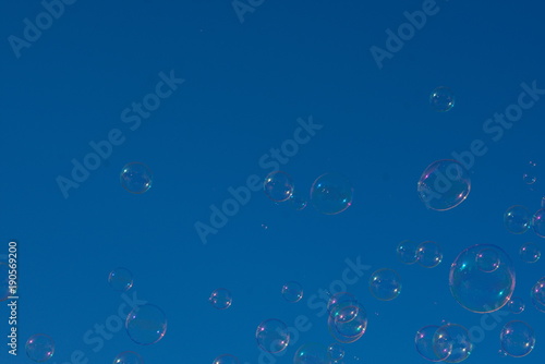 floating soap bubbles on blue background with copy space 