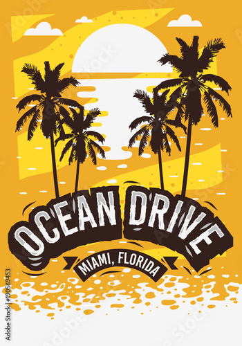 Ocean Drive Miami Beach Florida Summer Poster Design With Palm Trees Illustration And A Sunrise On The Beach.