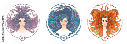 Zodiac sign. Portrait of a woman. Libra, Scorpio, Sagittarius