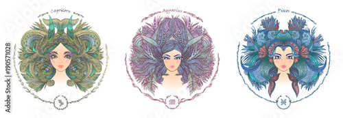 Zodiac sign. Portrait of a woman. Capricorn, Aquarius, Pisces