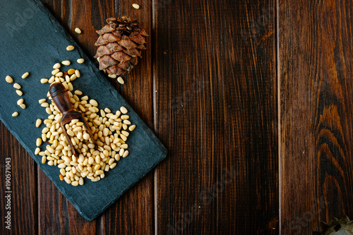Top view of pine nuts on sl...
