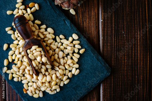 Top view of pine nuts on sl...