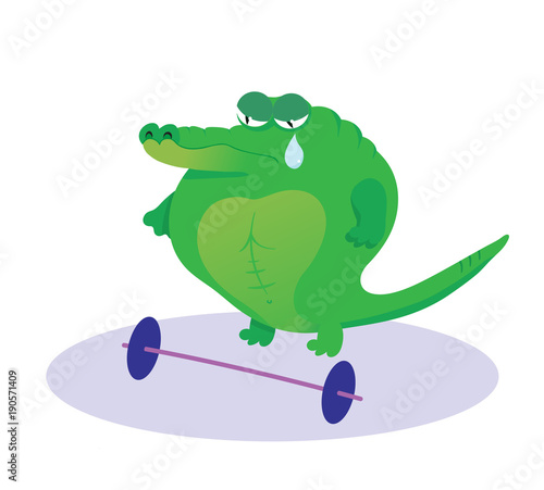 green crocodile athlete crying in front of a barbell