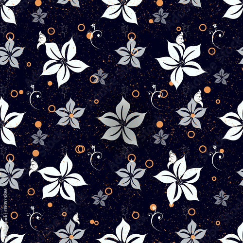 Beautiful seamless pattern with hand drawn decorative flowers. Black flowers of same sizes. Vector