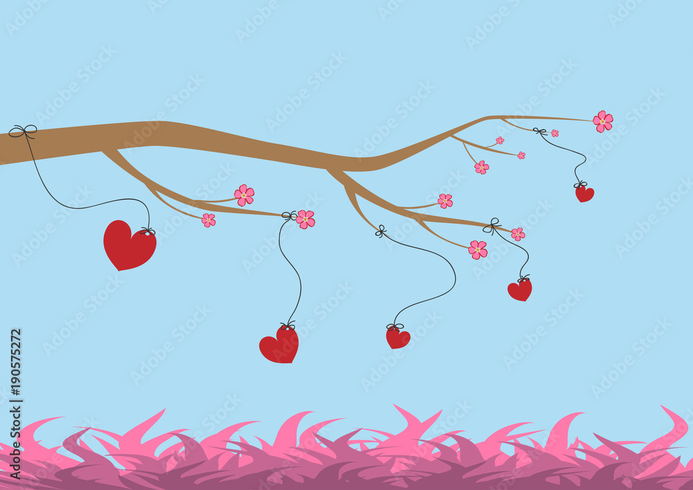 Happy Valentine's Day vector cards and lettering. Hearts hang on a flowering tree above the grass.