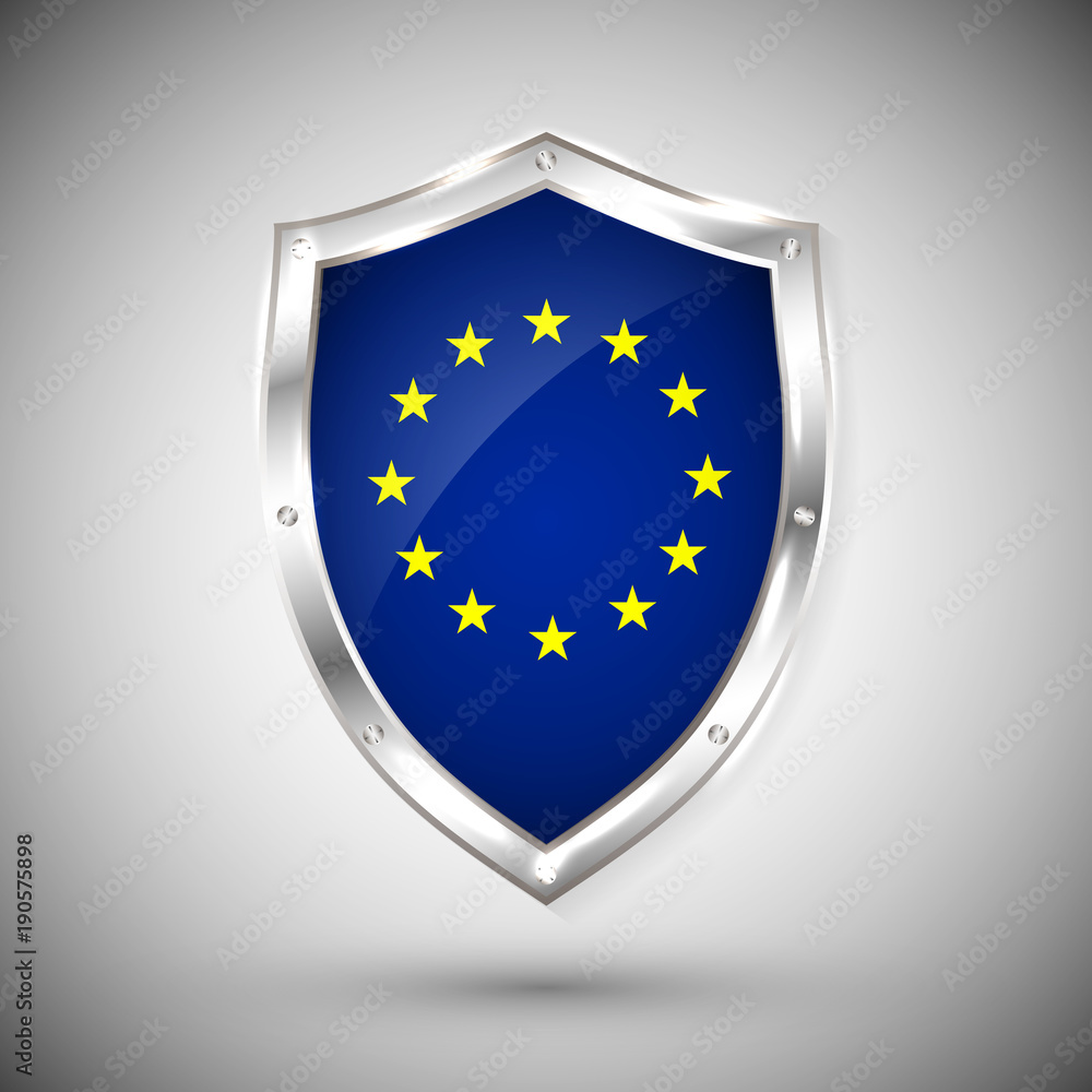 Europe flag on metal shiny shield vector illustration. Collection of flags on shield against white background. Abstract isolated object Europe flag on metal shiny shield vector illustration. Collection of flags on shield against white background. Abstract isolated object