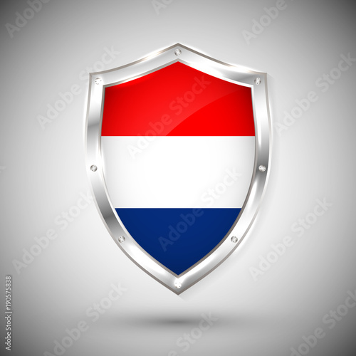 Holland flag on metal shiny shield vector illustration. Collection of flags on shield against white background. Abstract isolated object Free Download Holland flag on metal shiny shield vector illustration. Collection of flags on shield against white background. Abstract isolated object - GFXLoad
