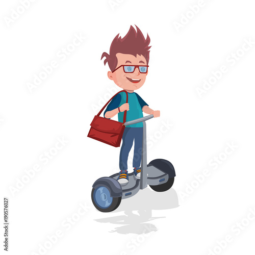Joyful caucasian schoolboy riding on electric scooter.