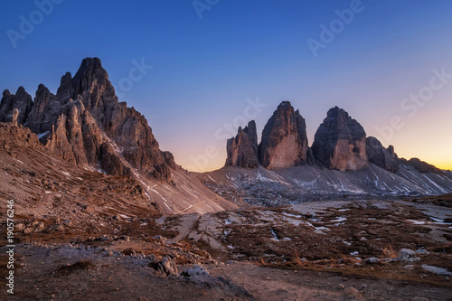 beautiful sunset at Tre Cime di Lavaredo, Dolomites Alps, Italy. mountain view. natural background